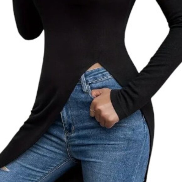 Cloud & Moon Chic Sexy Slim Fit Turtleneck Split High Black Duster Top - Picture 5 of 9